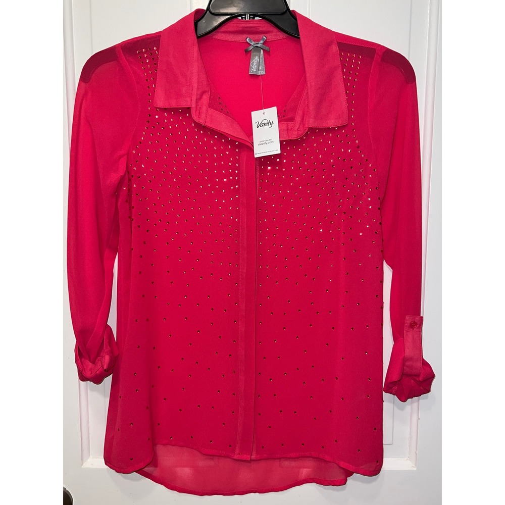 NWT Vanity Hibiscus Pink Rhinestone Sheer Chiffon Roll Tab Blouse Small